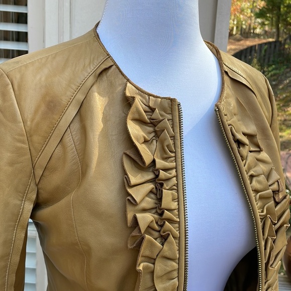 TORY BURCH Peplum Camel Leather Jacket Size 2 - Picture 3 of 14